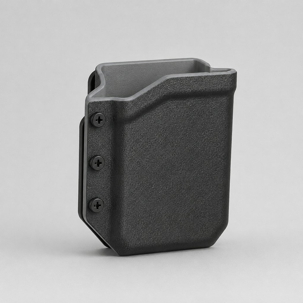 ICONTACTIC Belt-Clip Phone Sheath, concept render pending supplier verification, empty sheath, front three-quarter view on light grey