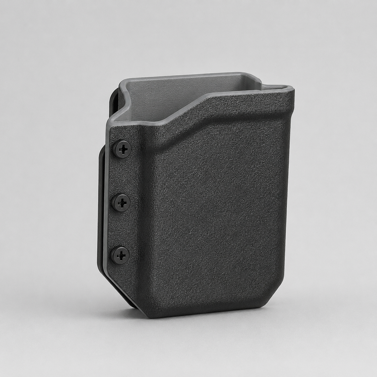 ICONTACTIC Belt-Clip Phone Sheath, concept render pending supplier verification, empty sheath, front three-quarter view on light grey