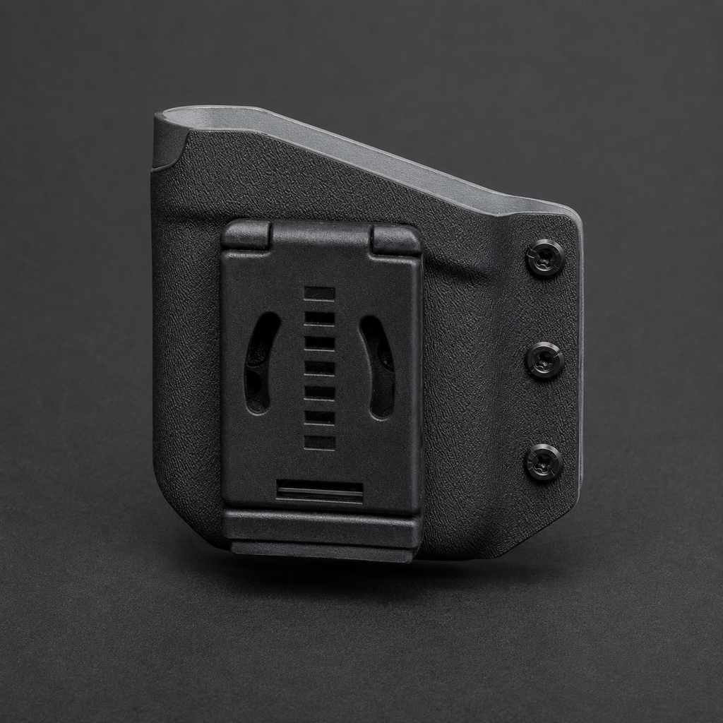 ICONTACTIC Belt-Clip Phone Sheath, concept render pending supplier verification, rear view showing the belt clip and three screws on graphite