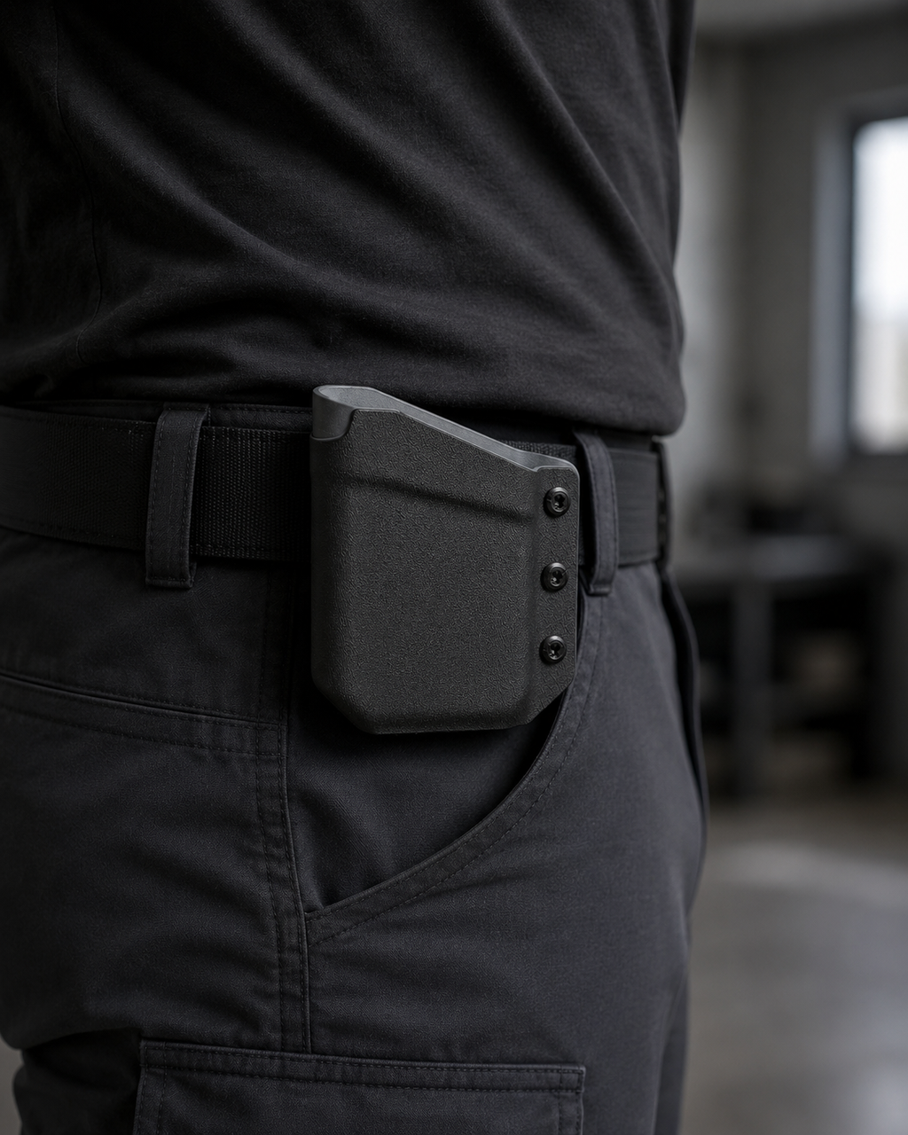 ICONTACTIC Belt-Clip Phone Sheath, concept render pending supplier verification, clipped empty to a plain belt at the hip, illustrative