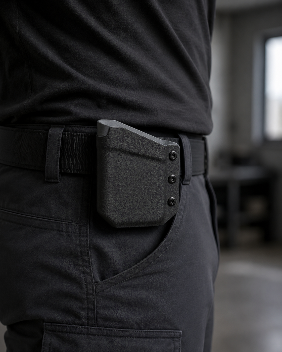 ICONTACTIC Belt-Clip Phone Sheath, concept render pending supplier verification, clipped empty to a plain belt at the hip, illustrative