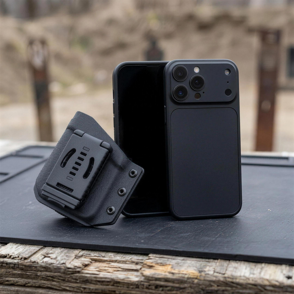 ICONTACTIC Belt-Clip Phone Sheath, concept render pending supplier verification, case and clip with a plain phone on an outdoor range bench