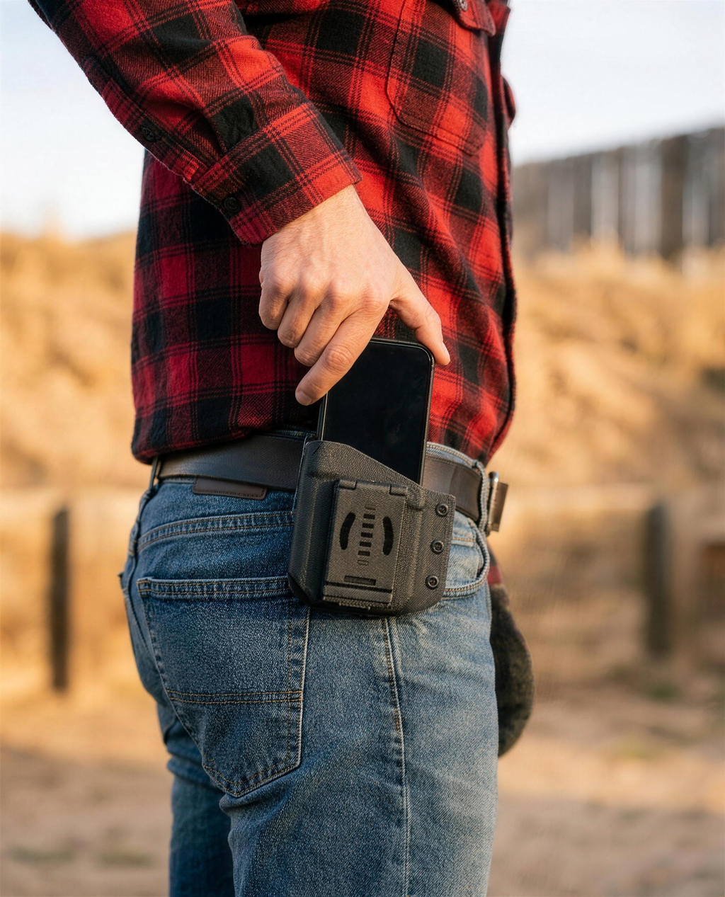 ICONTACTIC Belt-Clip Phone Sheath, concept render pending supplier verification, clipped to a belt at the hip at an outdoor range, illustrative