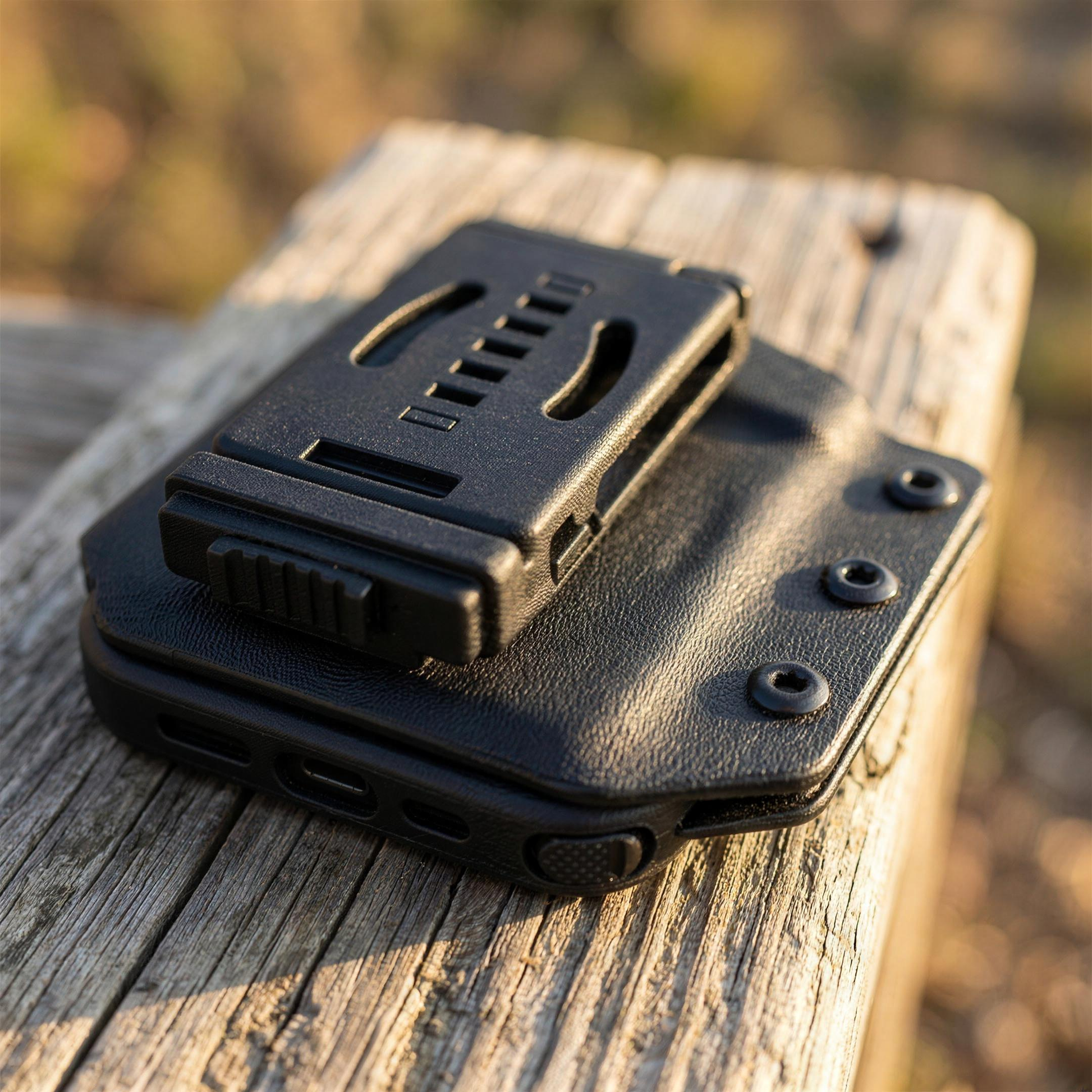 ICONTACTIC Belt-Clip Phone Sheath, concept render pending supplier verification, close-up of the belt clip and bottom lock