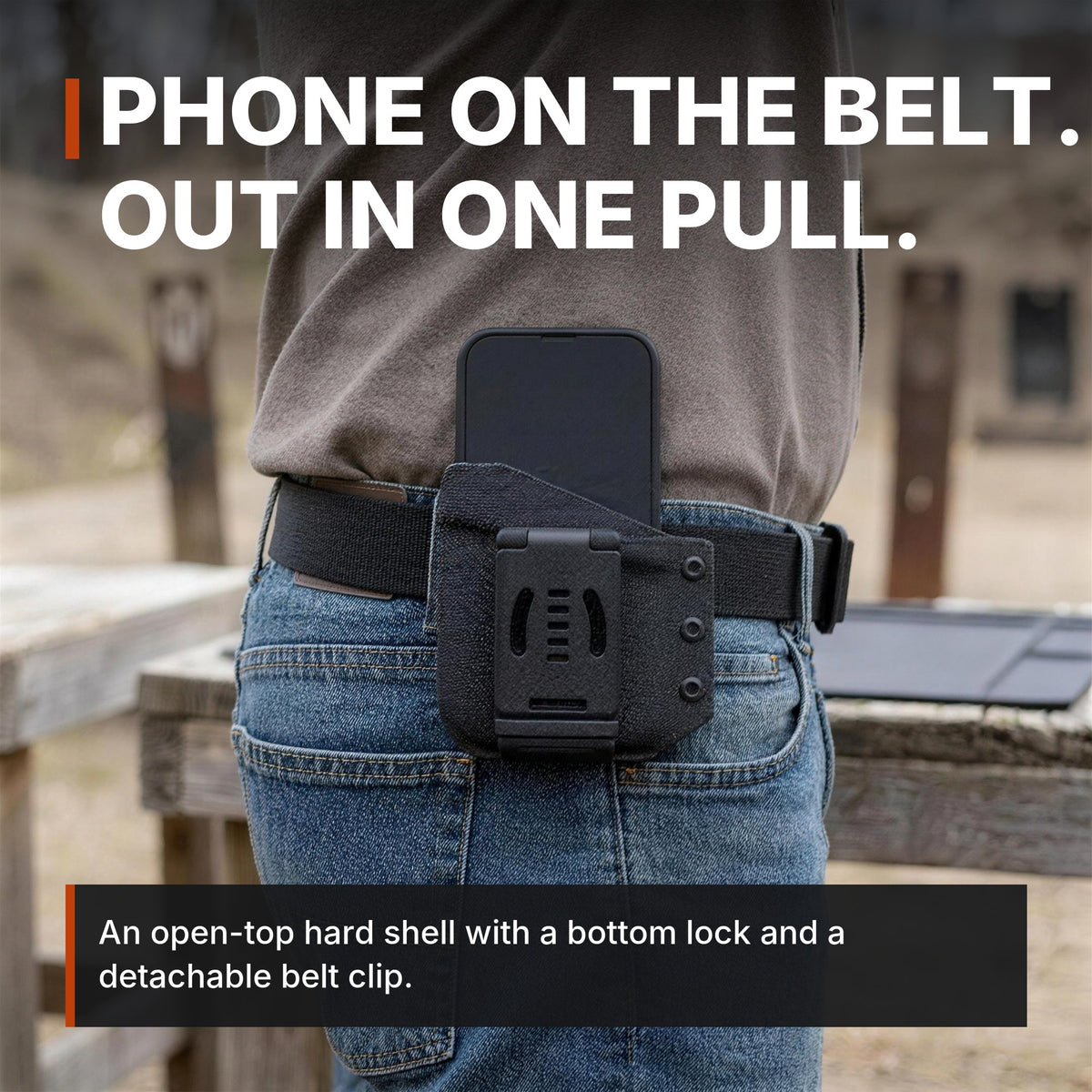 Phone on the belt, out in one pull. ICONTACTIC Belt-Clip Phone Sheath infographic. Concept render, illustrative