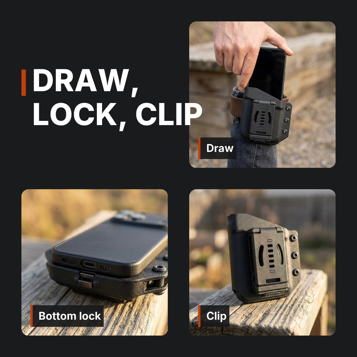 Draw, lock, clip. ICONTACTIC Belt-Clip Phone Sheath infographic. Concept renders, illustrative