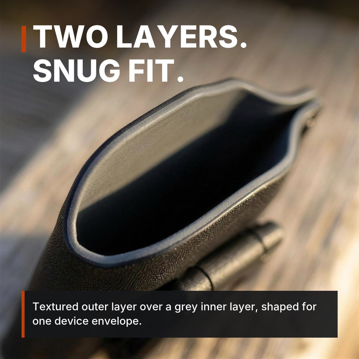 Two layers, snug fit. ICONTACTIC Belt-Clip Phone Sheath infographic. Concept render, illustrative