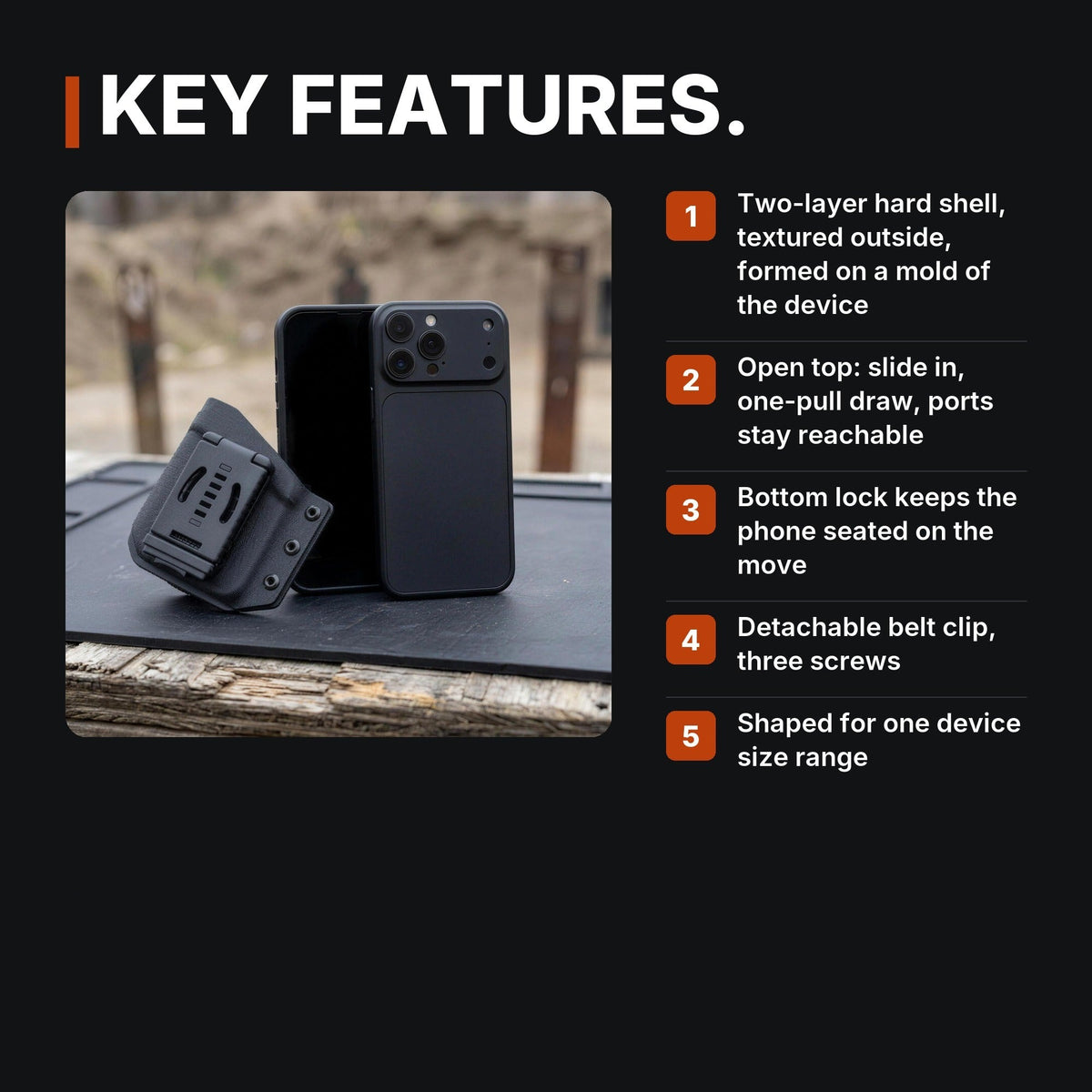 Belt-Clip Phone Sheath infographic: Key features