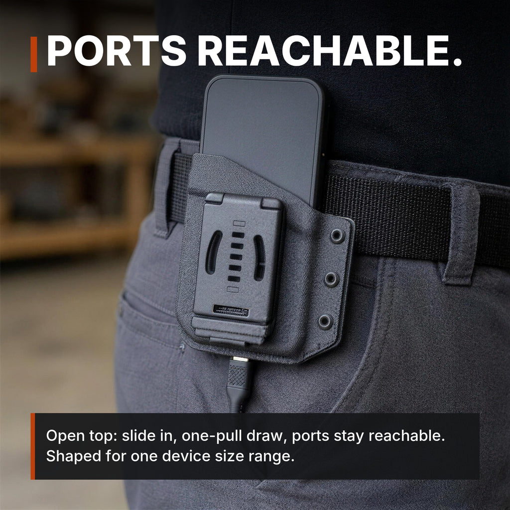 Belt-Clip Phone Sheath infographic: Ports reachable