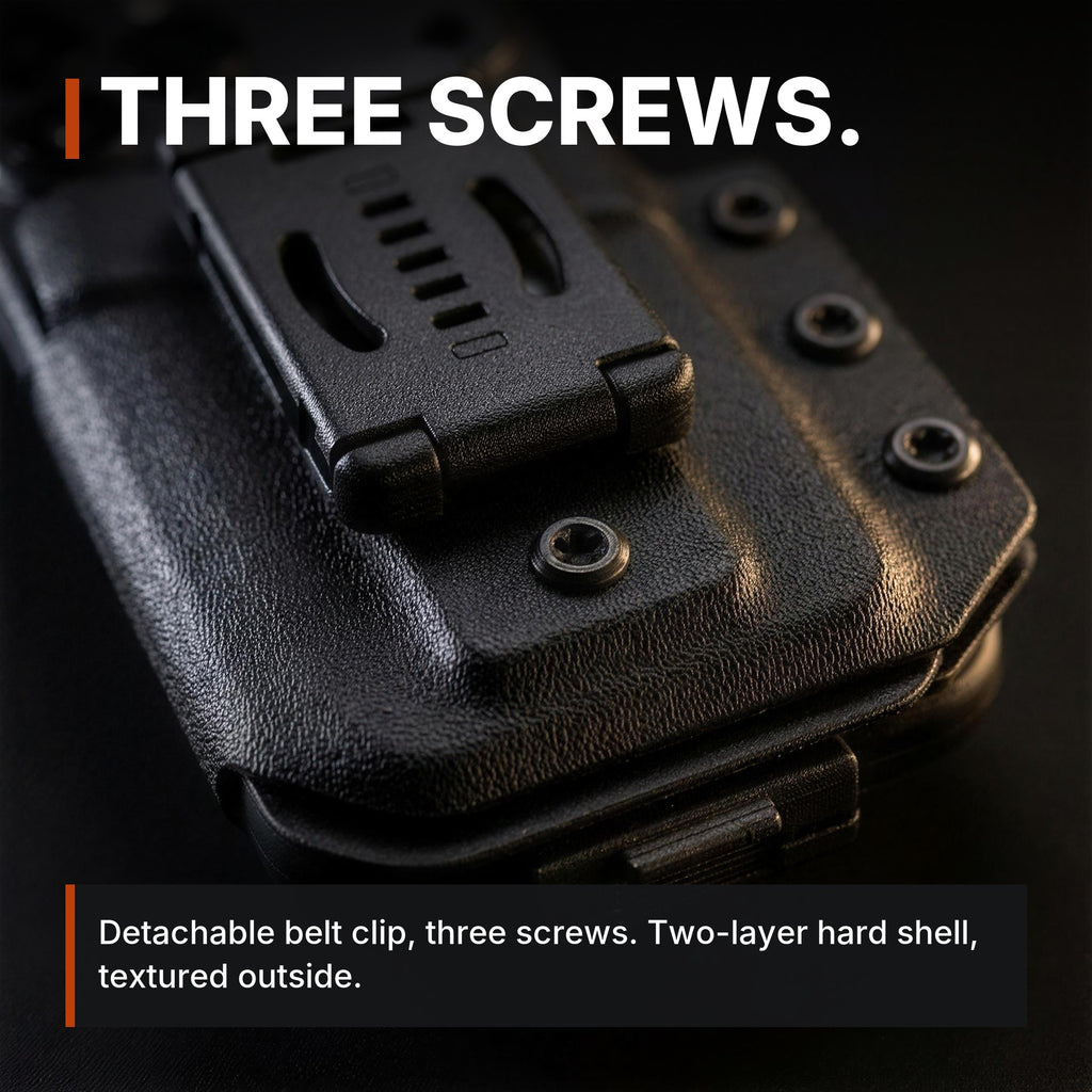 Belt-Clip Phone Sheath infographic: Three screws
