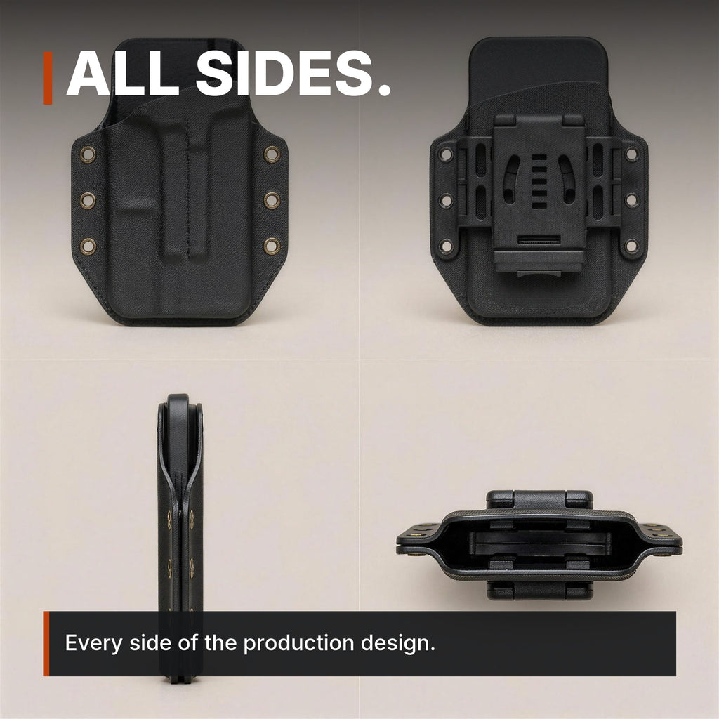 Belt-Clip Phone Sheath infographic: All sides, four views