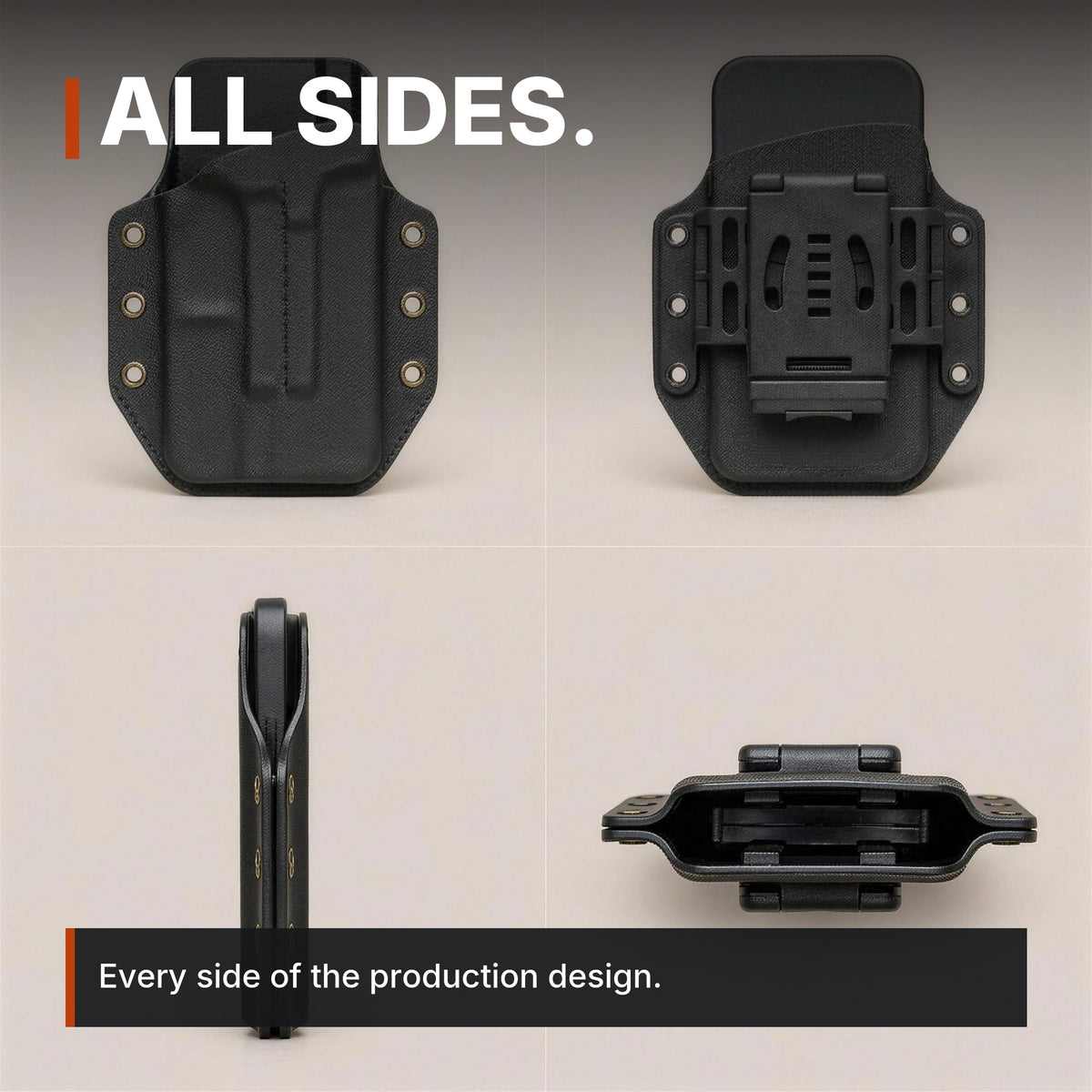 Belt-Clip Phone Sheath infographic: All sides, four views