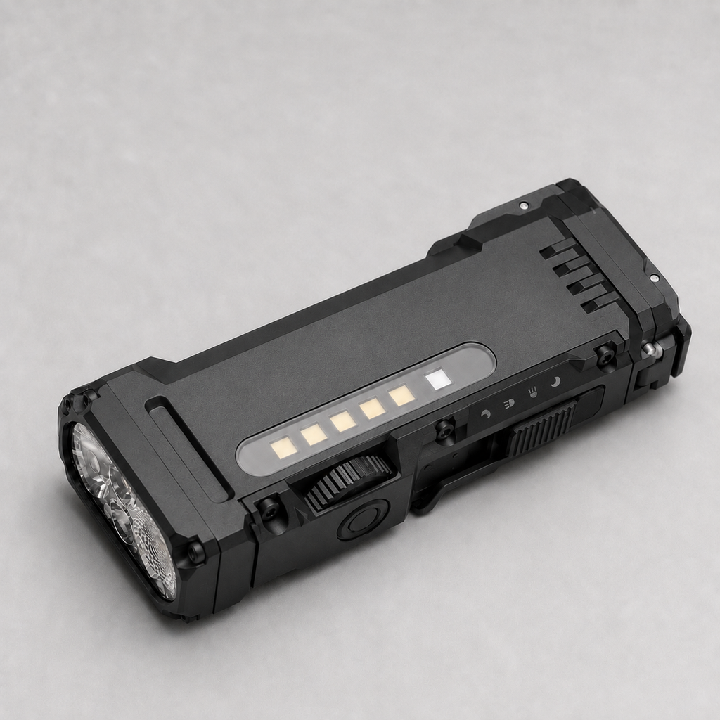 ICONTACTIC Compact Flat Flashlight, concept render pending supplier verification, switched off, angled view showing the dial, slider and side light strip on light grey