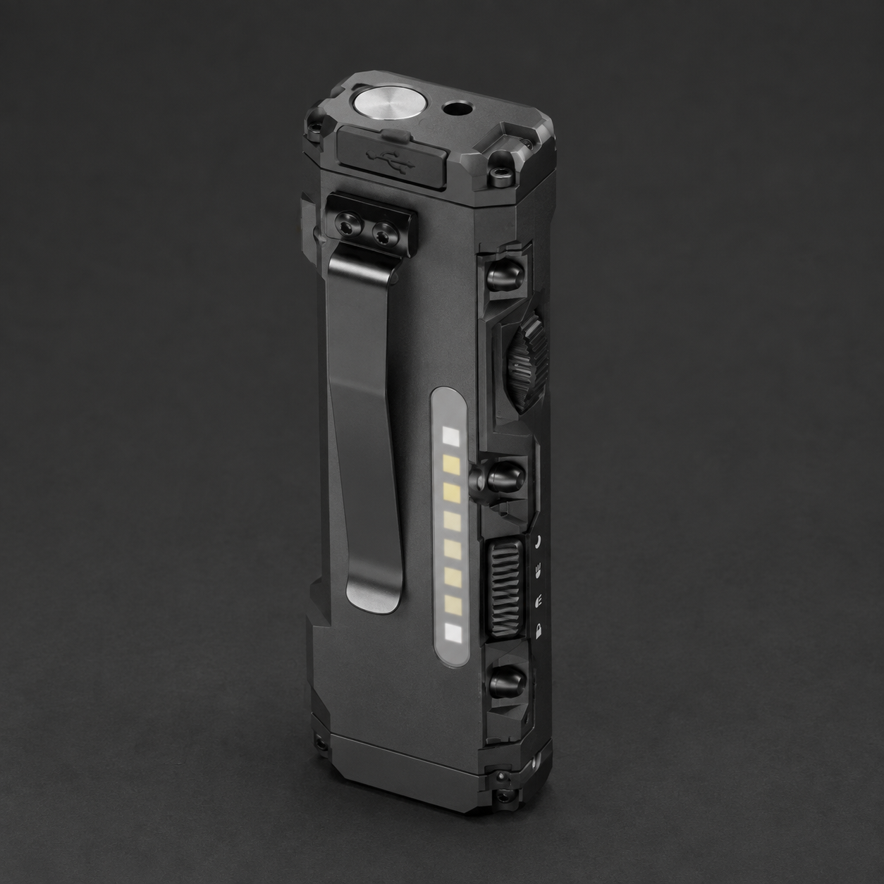 ICONTACTIC Compact Flat Flashlight, concept render pending supplier verification, standing on its tail showing the tail plate, port cover and clip on graphite