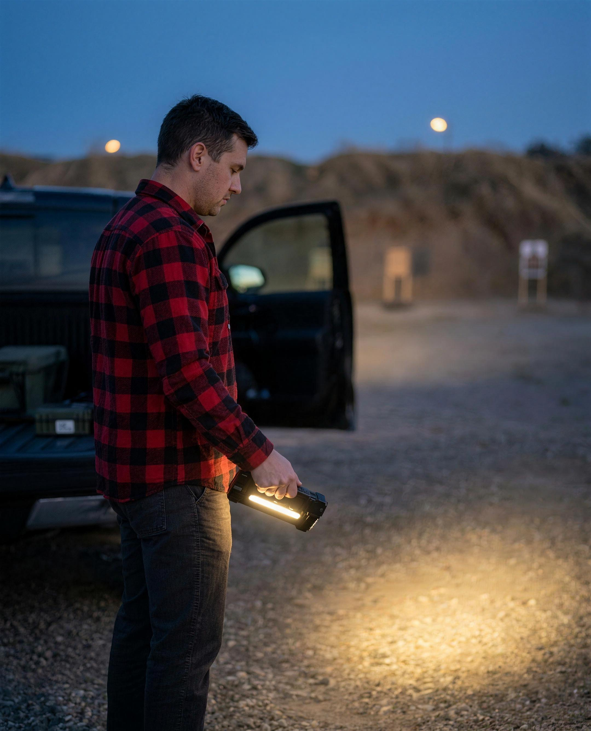 ICONTACTIC Compact Flat Flashlight, concept render pending supplier verification, switched on at dusk beside a truck, illustrative