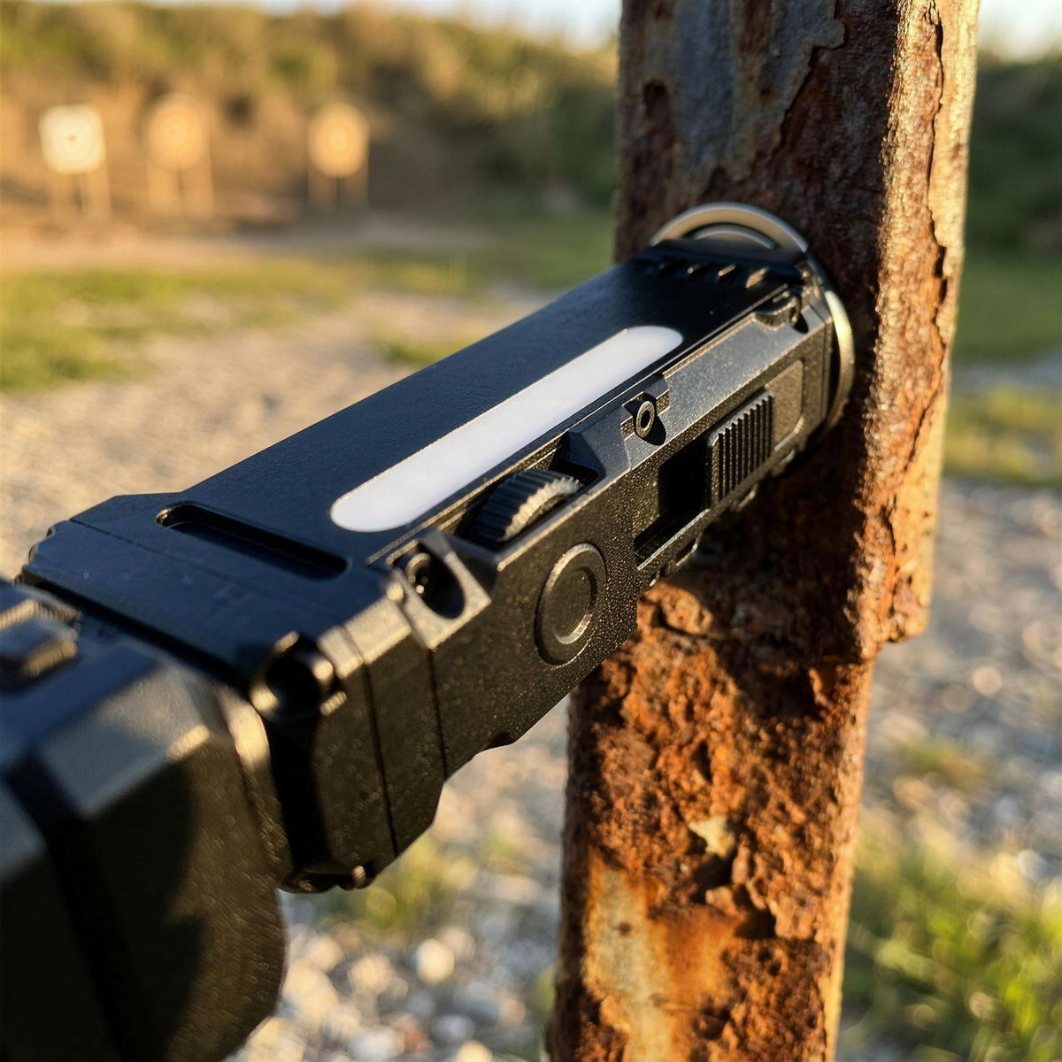 ICONTACTIC Compact Flat Flashlight, concept render pending supplier verification, close-up of the side light strip and magnetic base on a steel post
