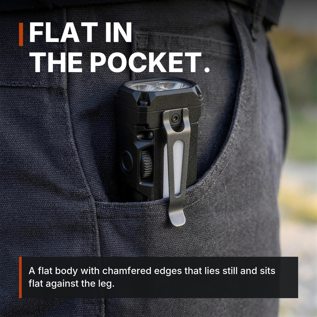 Compact Flat Flashlight infographic: Flat in the pocket