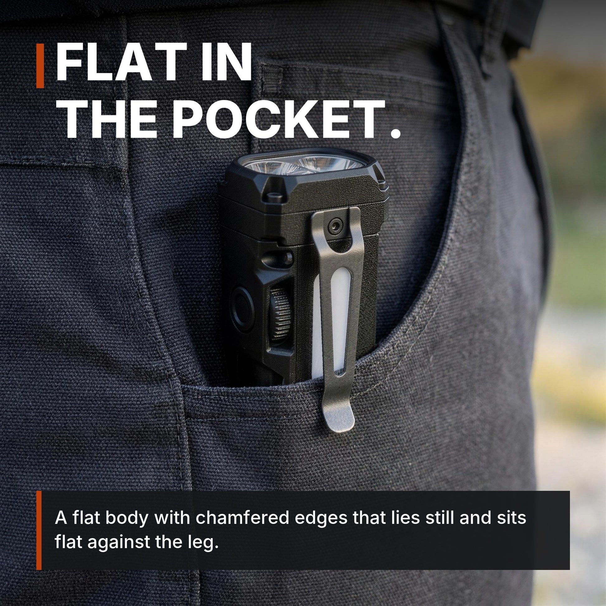 Flat in the pocket. ICONTACTIC Compact Flat Flashlight infographic. Concept render, illustrative