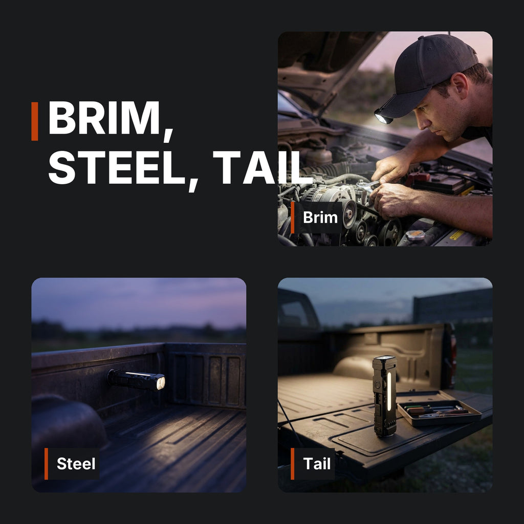 Compact Flat Flashlight infographic: Brim, steel, tail