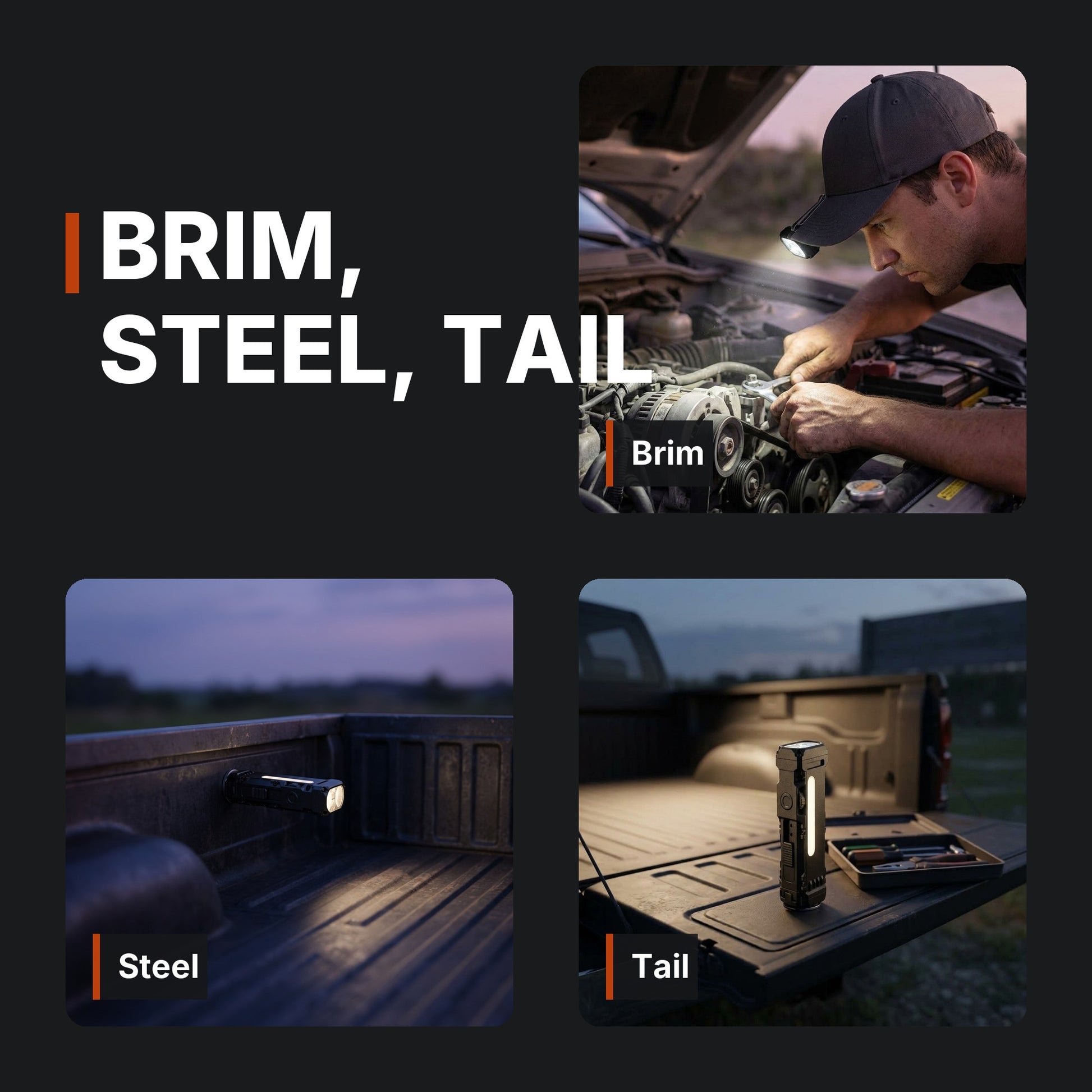 Brim, steel, tail. ICONTACTIC Compact Flat Flashlight infographic. Concept renders, illustrative