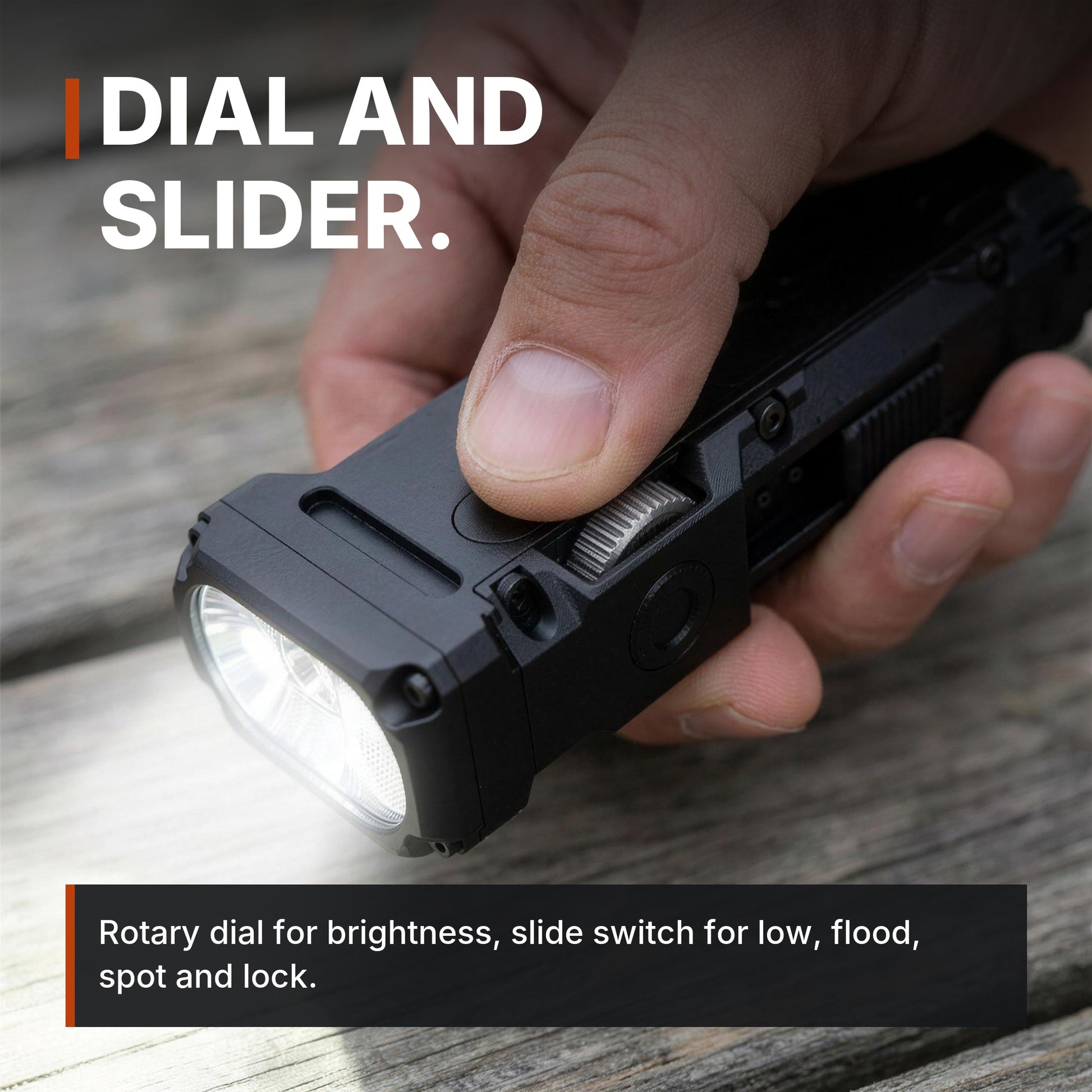 Dial and slider. ICONTACTIC Compact Flat Flashlight infographic. Concept render, illustrative