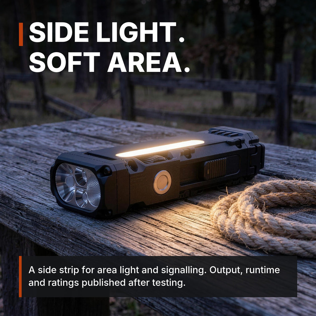 Compact Flat Flashlight infographic: Side light, soft area