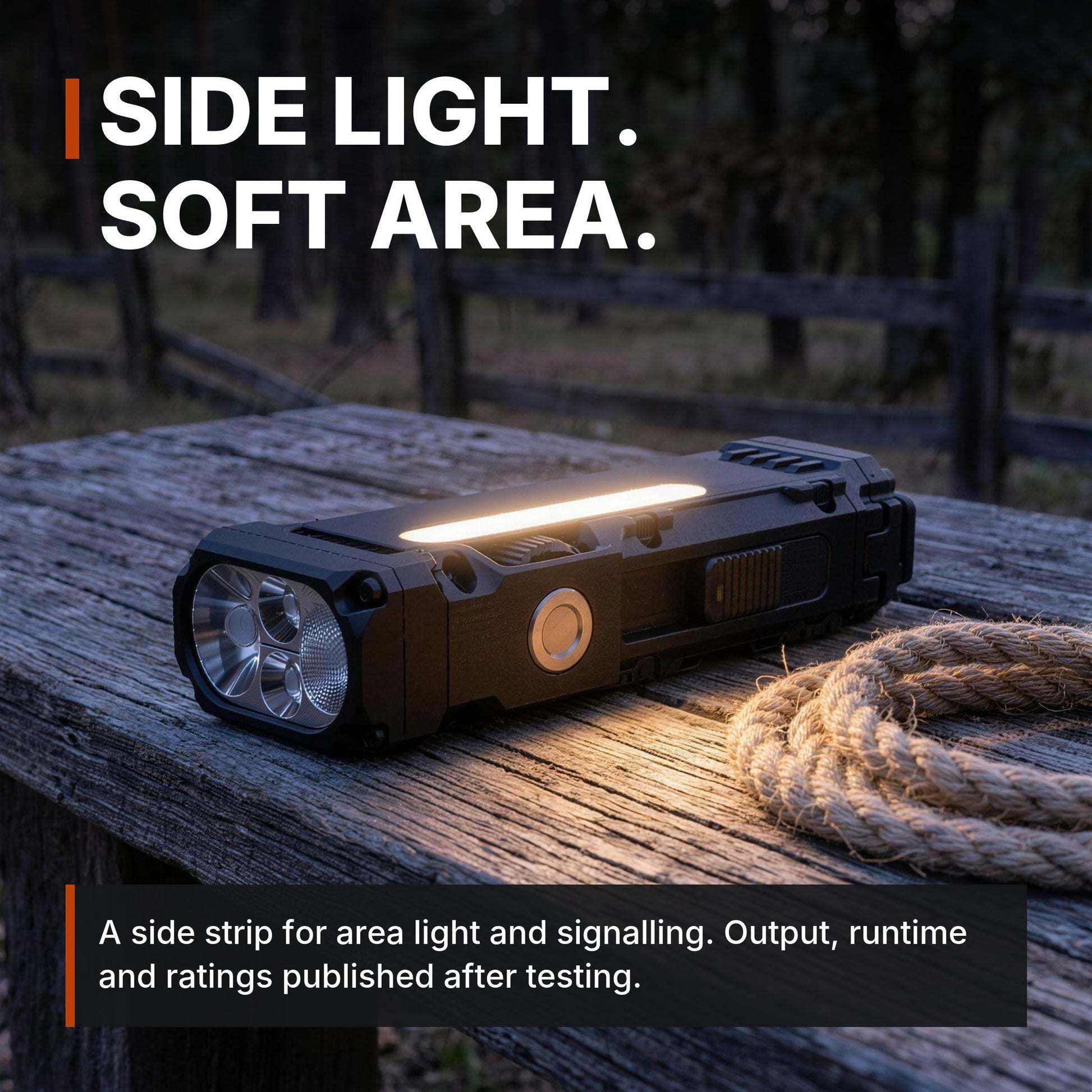 Side light, soft area. ICONTACTIC Compact Flat Flashlight infographic. Concept render, illustrative