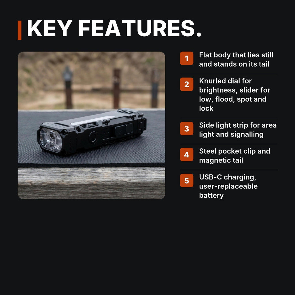 Compact Flat Flashlight infographic: Key features