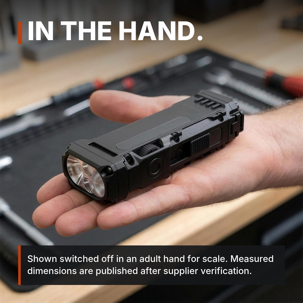Compact Flat Flashlight infographic: In the hand, shown switched off for scale