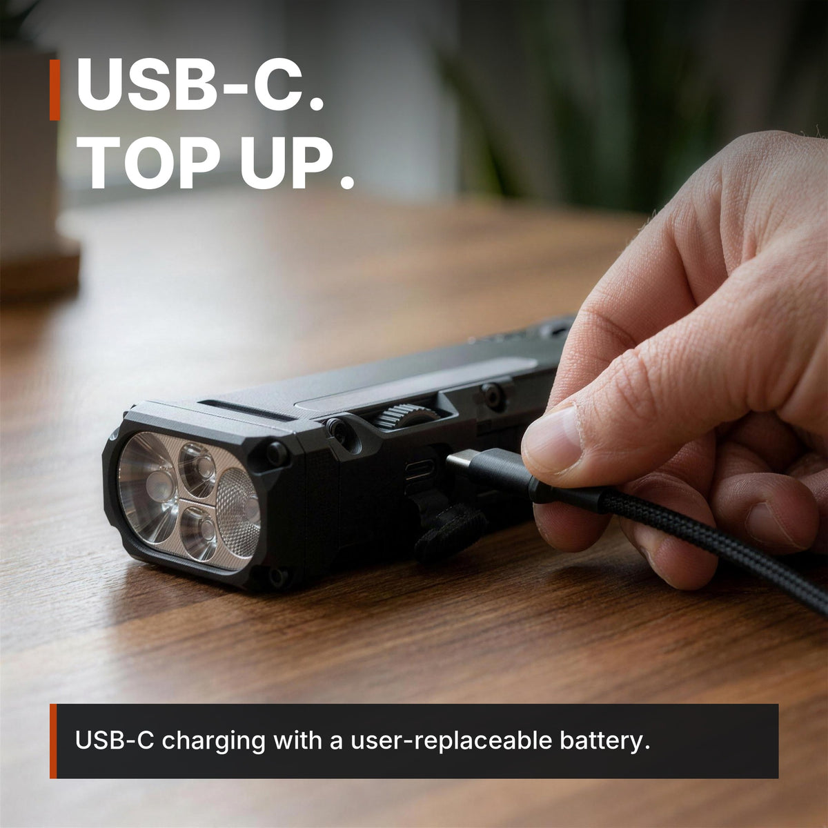 Compact Flat Flashlight infographic: USB-C, top up