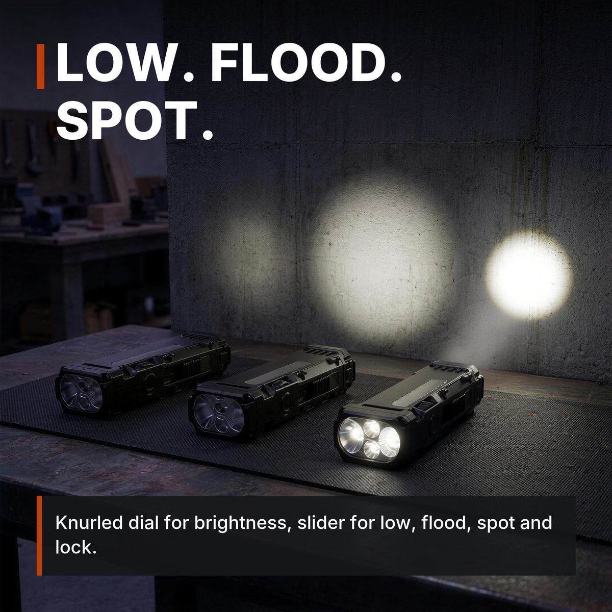 Compact Flat Flashlight infographic: Low, flood, spot