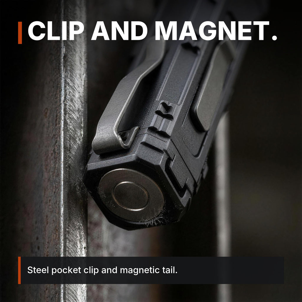Compact Flat Flashlight infographic: Clip and magnet