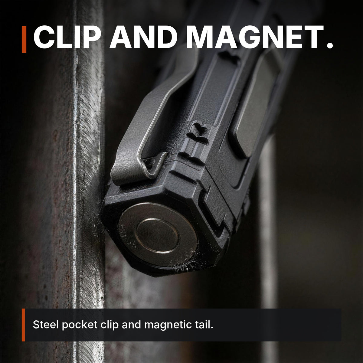 Compact Flat Flashlight infographic: Clip and magnet