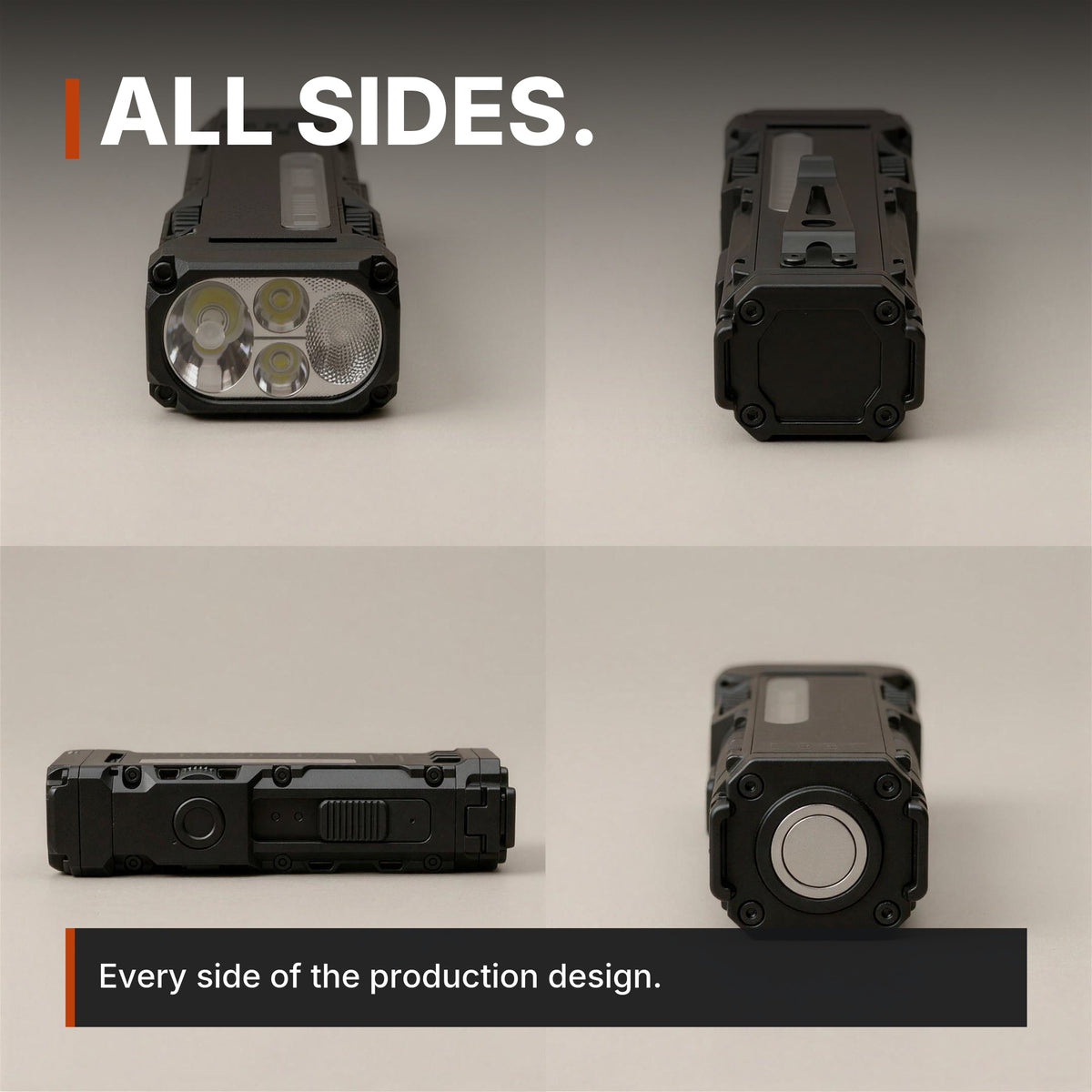 Compact Flat Flashlight infographic: All sides, four views