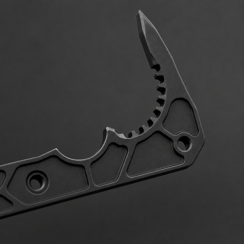 ICONTACTIC Compact Rescue Pry Bar, concept render pending supplier verification, close view of the hooked serrated tip on graphite