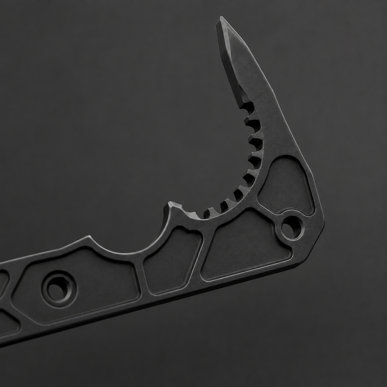 ICONTACTIC Compact Rescue Pry Bar, concept render pending supplier verification, close view of the hooked serrated tip on graphite