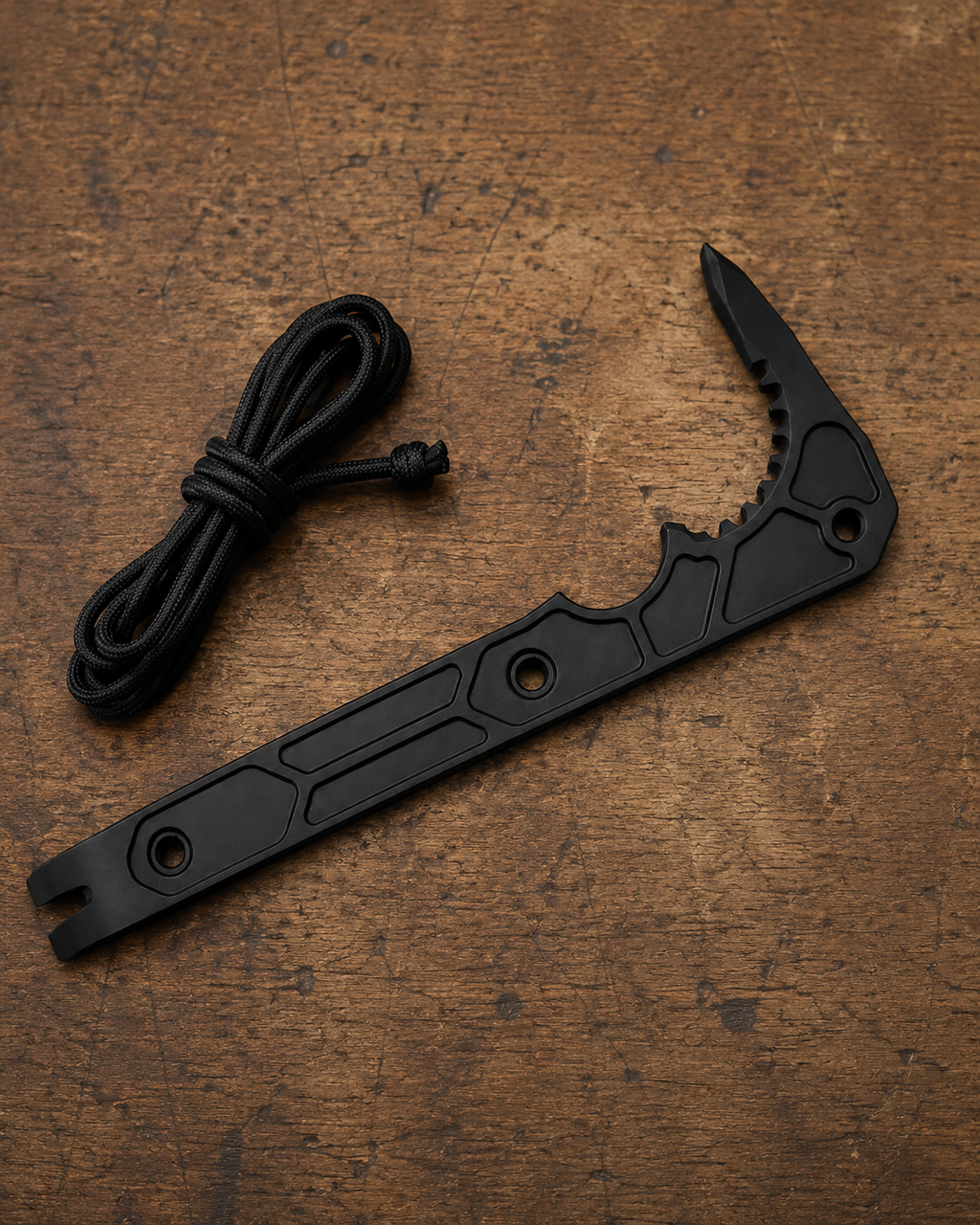 ICONTACTIC Compact Rescue Pry Bar, concept render pending supplier verification, on a workbench next to a coiled lanyard cord, illustrative