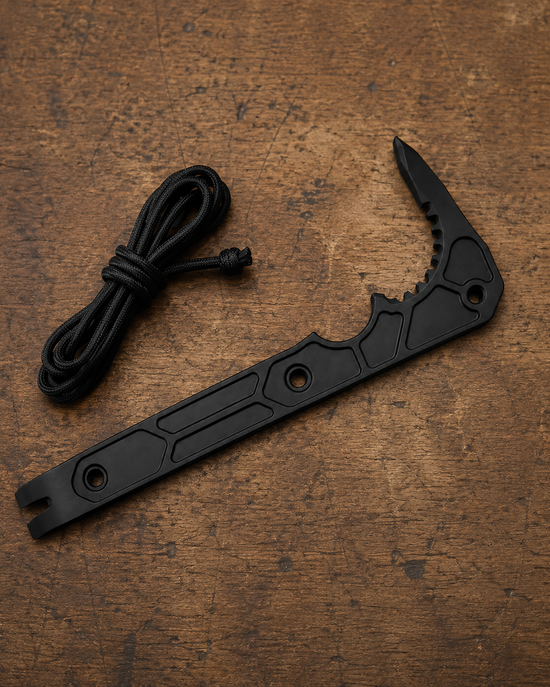 ICONTACTIC Compact Rescue Pry Bar, concept render pending supplier verification, on a workbench next to a coiled lanyard cord, illustrative