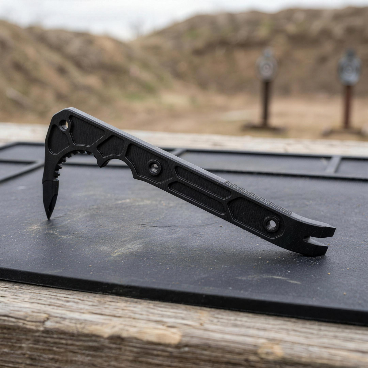 ICONTACTIC Compact Rescue Pry Bar, concept render pending supplier verification, bar on an outdoor range bench