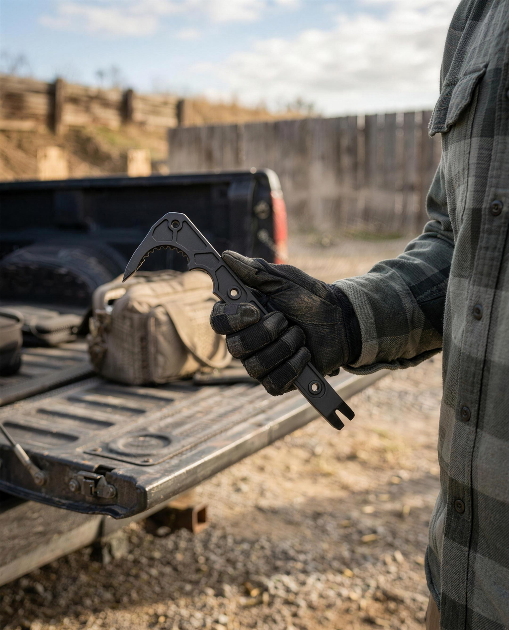 ICONTACTIC Compact Rescue Pry Bar, concept render pending supplier verification, held in a gloved hand beside a truck tailgate, illustrative