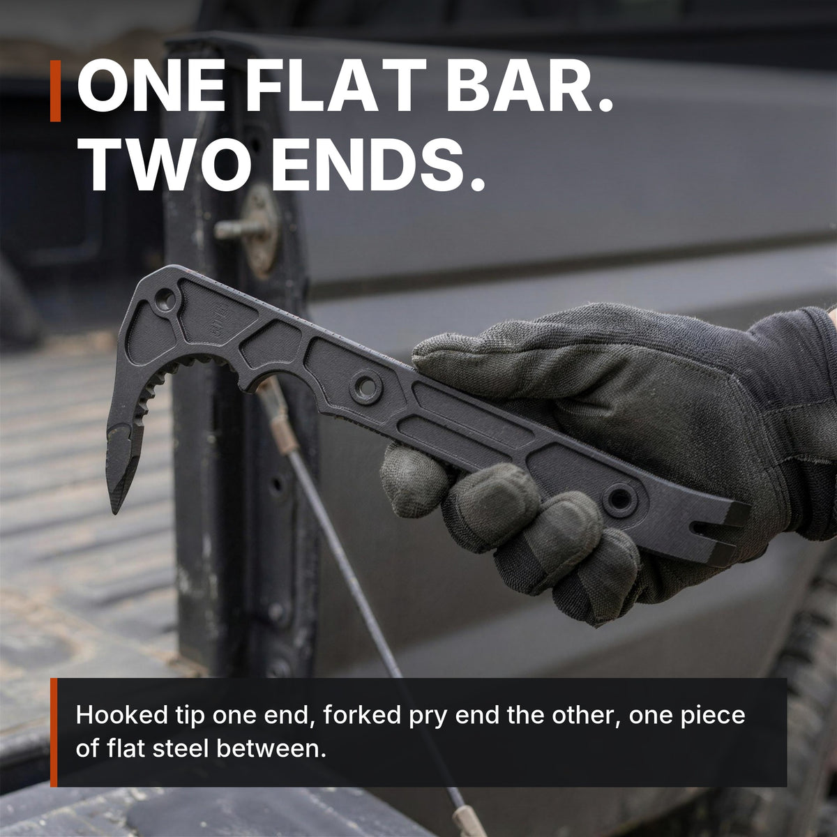 One flat bar, two ends. ICONTACTIC Compact Rescue Pry Bar infographic. Concept render, illustrative