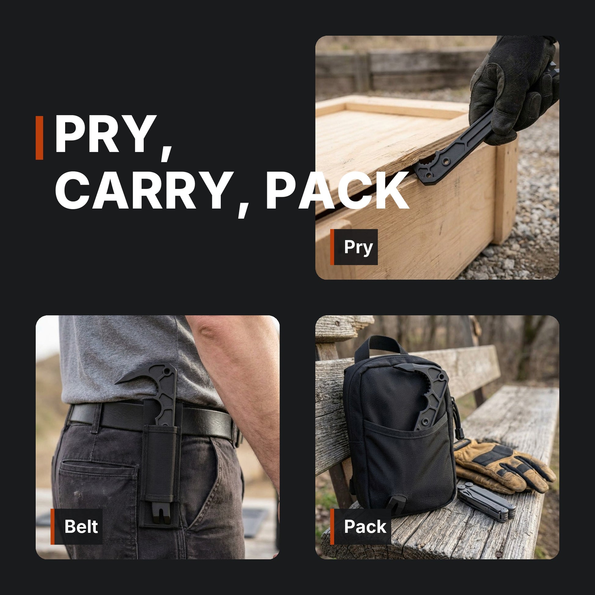 Pry, carry, pack. ICONTACTIC Compact Rescue Pry Bar infographic. Sheath not included. Concept renders, illustrative