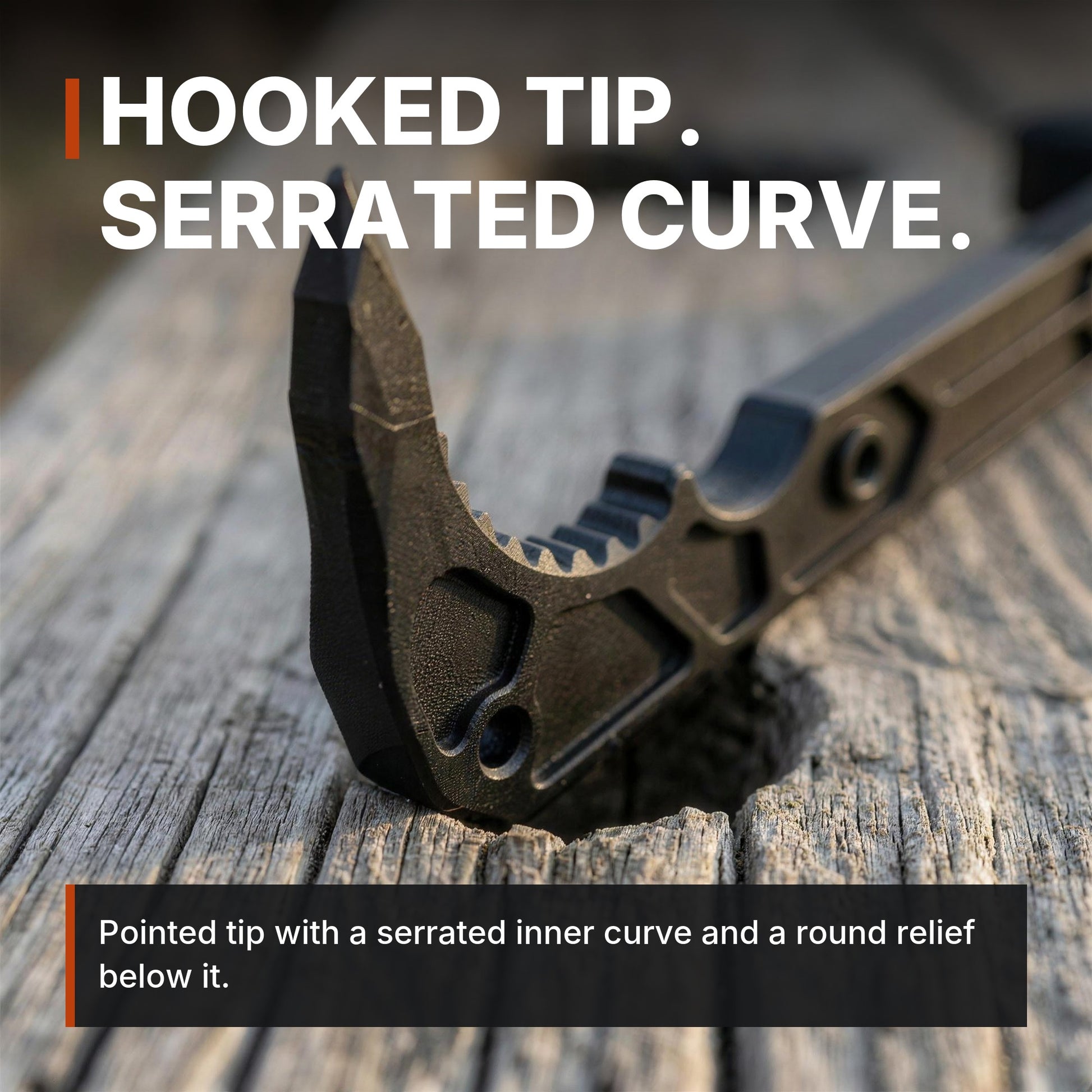 Hooked tip, serrated curve. ICONTACTIC Compact Rescue Pry Bar infographic. Concept render, illustrative