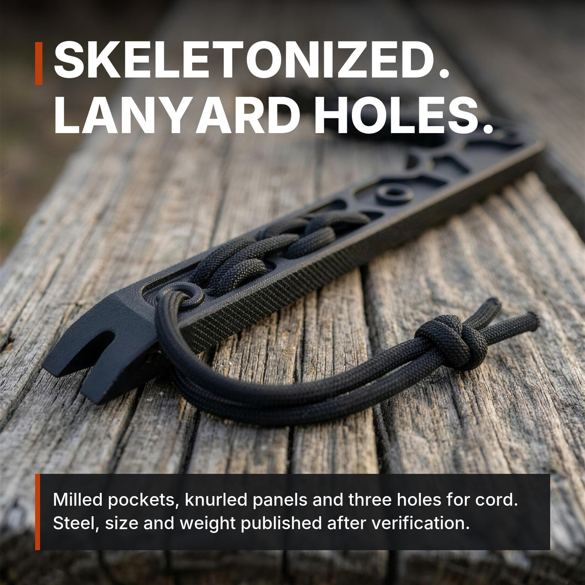 Skeletonized, lanyard holes. ICONTACTIC Compact Rescue Pry Bar infographic. Concept render, illustrative