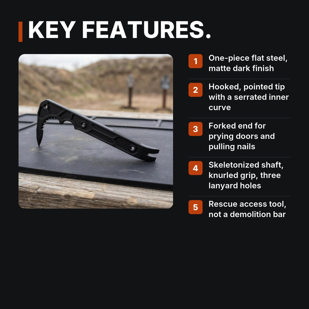Compact Rescue Pry Bar infographic: Key features