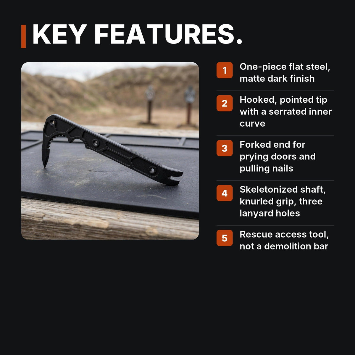 Compact Rescue Pry Bar infographic: Key features
