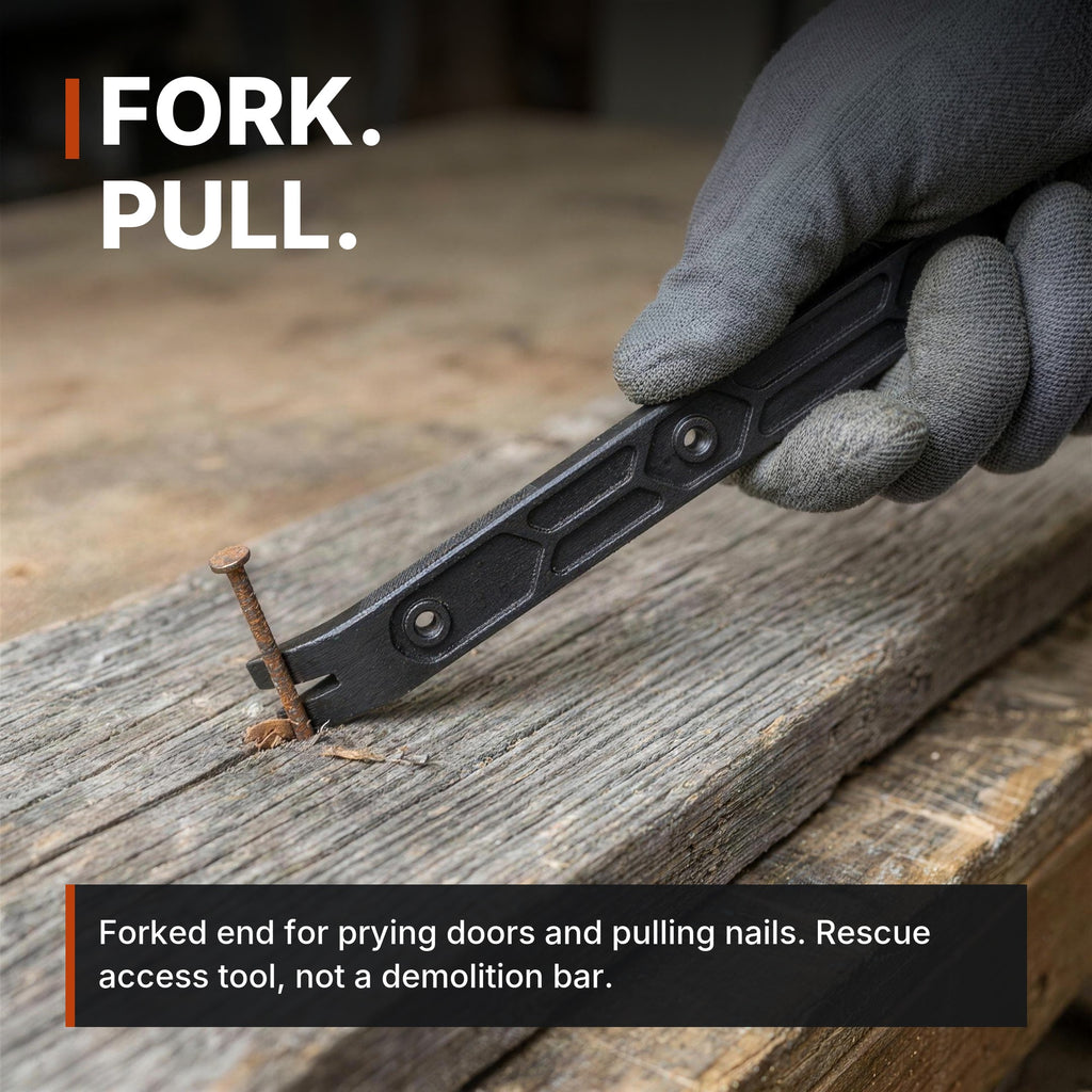 Compact Rescue Pry Bar infographic: Fork, pull