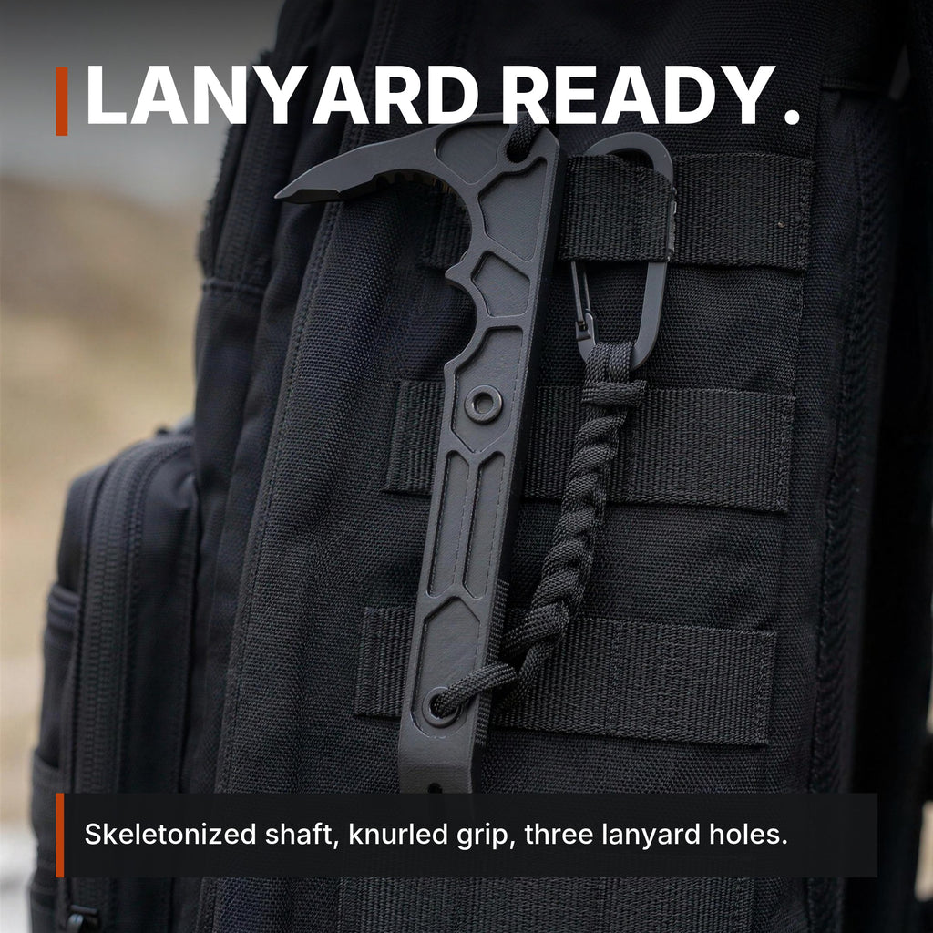 Compact Rescue Pry Bar infographic: Lanyard ready