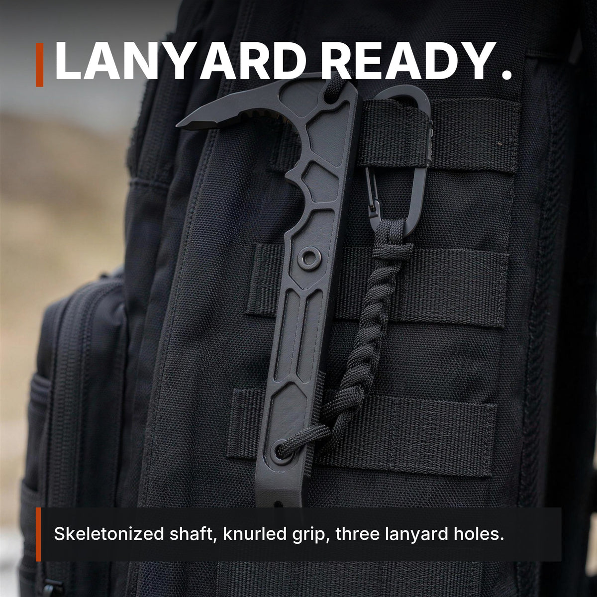 Compact Rescue Pry Bar infographic: Lanyard ready