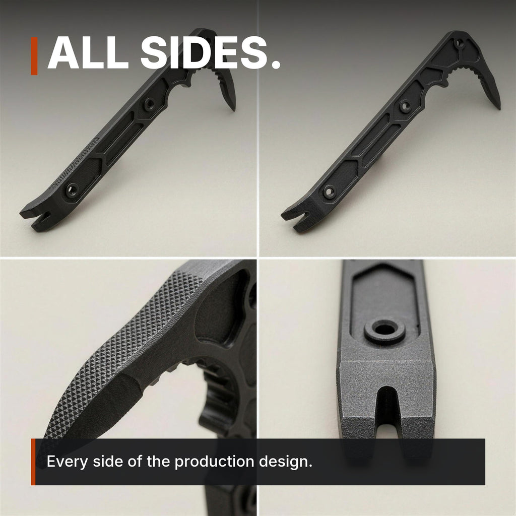 Compact Rescue Pry Bar infographic: All sides, four views